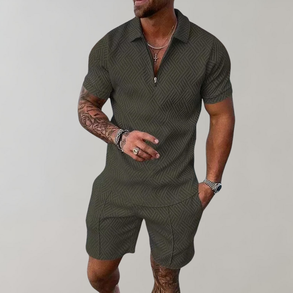 Remy | Men's Textured Polo Shirt & Shorts Set - Black - Image 2