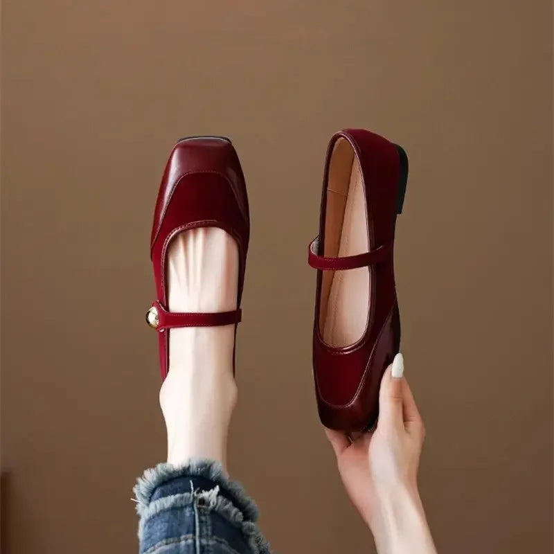 Renvelle | Women's Mary Jane Flats Square Toe - Burgundy - Image 1