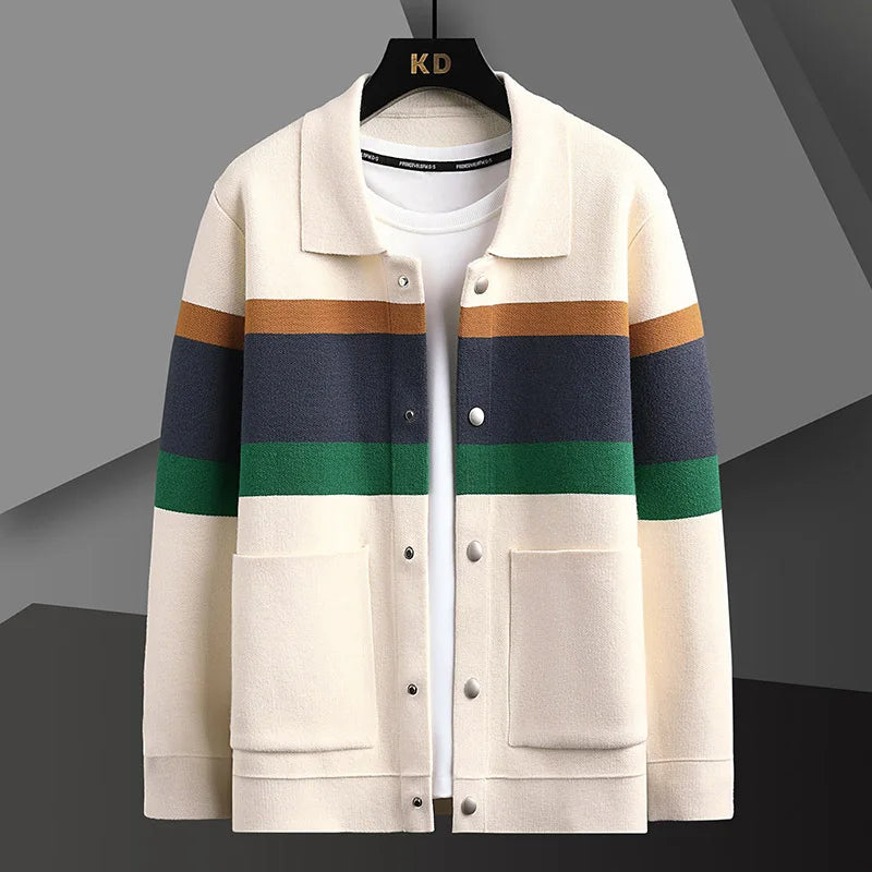 Renwick | Men's Striped Snap Button Cardigan Jacket - Cream - Image 1