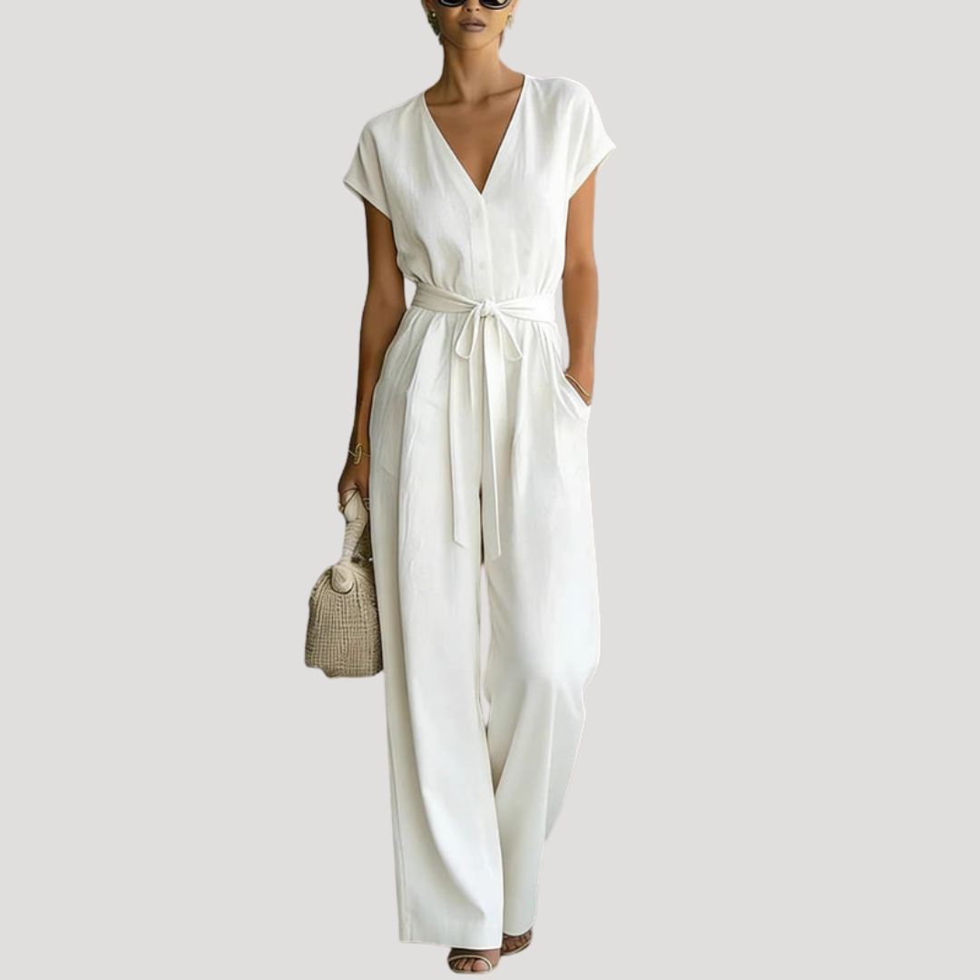 Romilly | Women's V-Neck Tie Waist Wide Leg Jumpsuit - White - Image 1