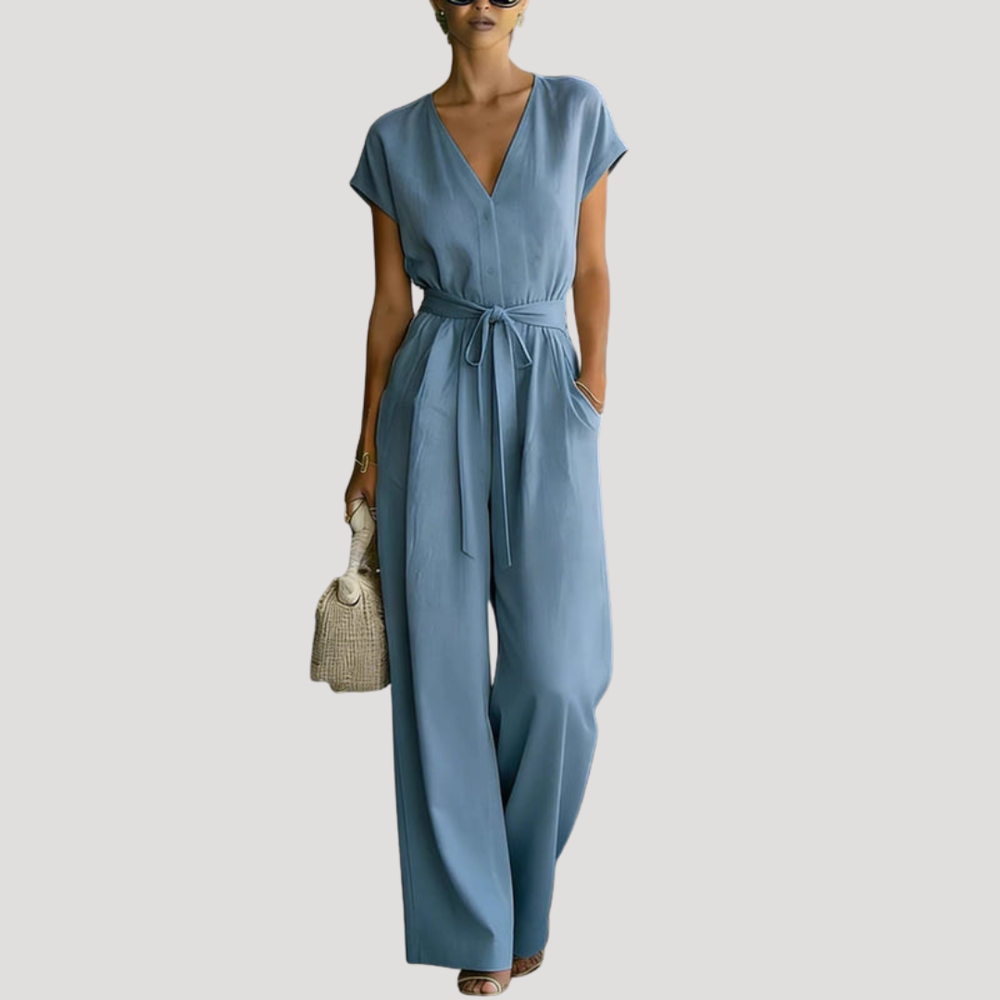 Romilly | Women's V-Neck Tie Waist Wide Leg Jumpsuit - White - Image 2