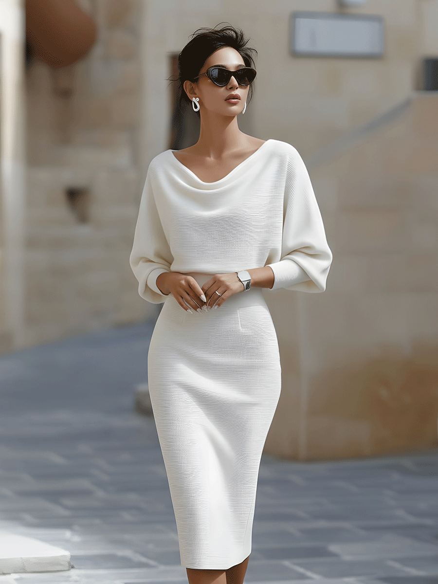 Rosabelle | Women's Cowl Neck Long Sleeve Midi Dress - Image 1