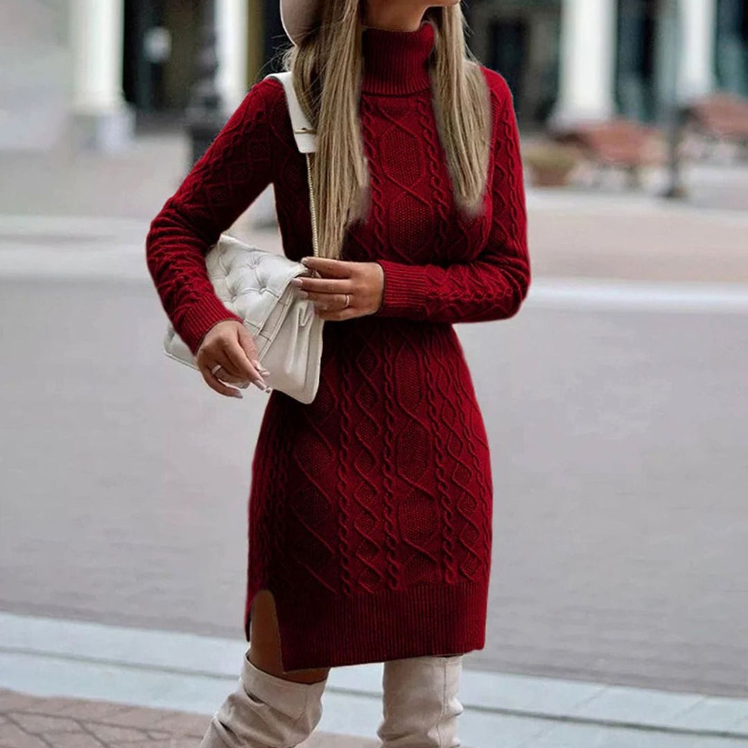 Rosalba | Women's Cable-Knit Turtleneck Sweater Dress - Burgundy - Image 1
