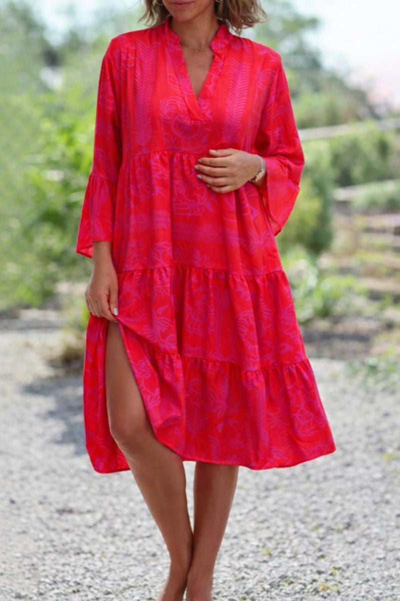 Rosetta | Women's V-Neck Tiered Red Midi Dress - Image 1