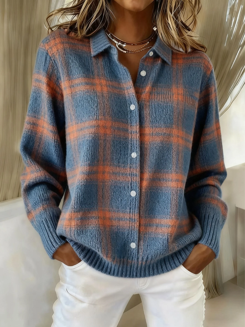 Rosiana | Women's Plaid Button Down Long Sleeve Shirt - Blue - Image 1