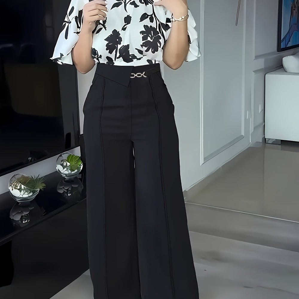 Rowanne | Women's Wide Leg Pants Floral Two-Piece Set - Black - Image 2