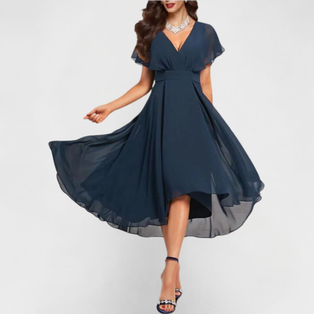 Rowena | Women's V-Neck Flutter Sleeve Midi Dress - Navy - Image 1