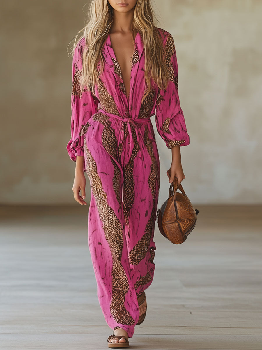 Sable | Women's Printed Wide Leg Long Sleeve Jumpsuit - Hot Pink - Image 1