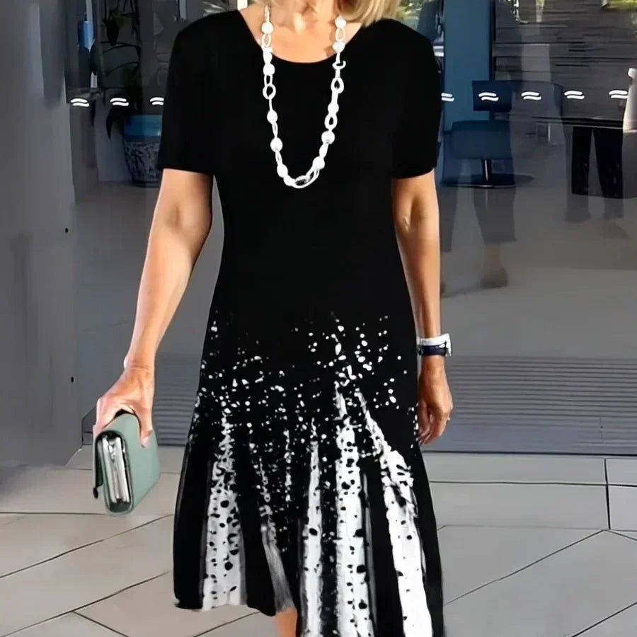 Saskia | Women's Black White Print Midi Dress Short Sleeve - Image 1