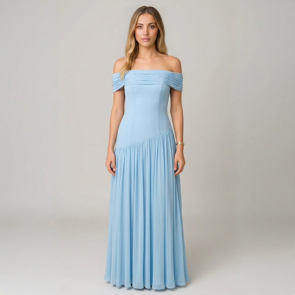 Selavine | Women's Off-Shoulder Pleated Maxi Dress - Powder Blue - Image 1
