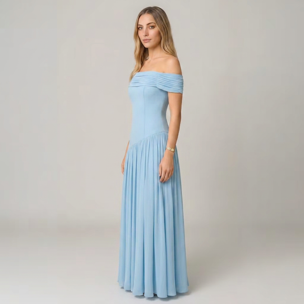 Selavine | Women's Off-Shoulder Pleated Maxi Dress - Powder Blue - Image 2