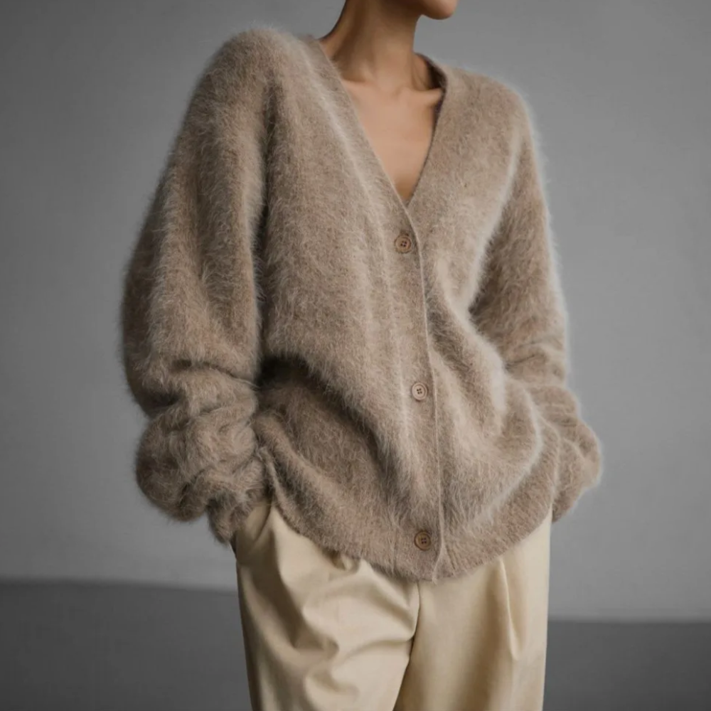 Selvaine | Women's Oversized Fluffy Cardigan - Taupe - Image 1