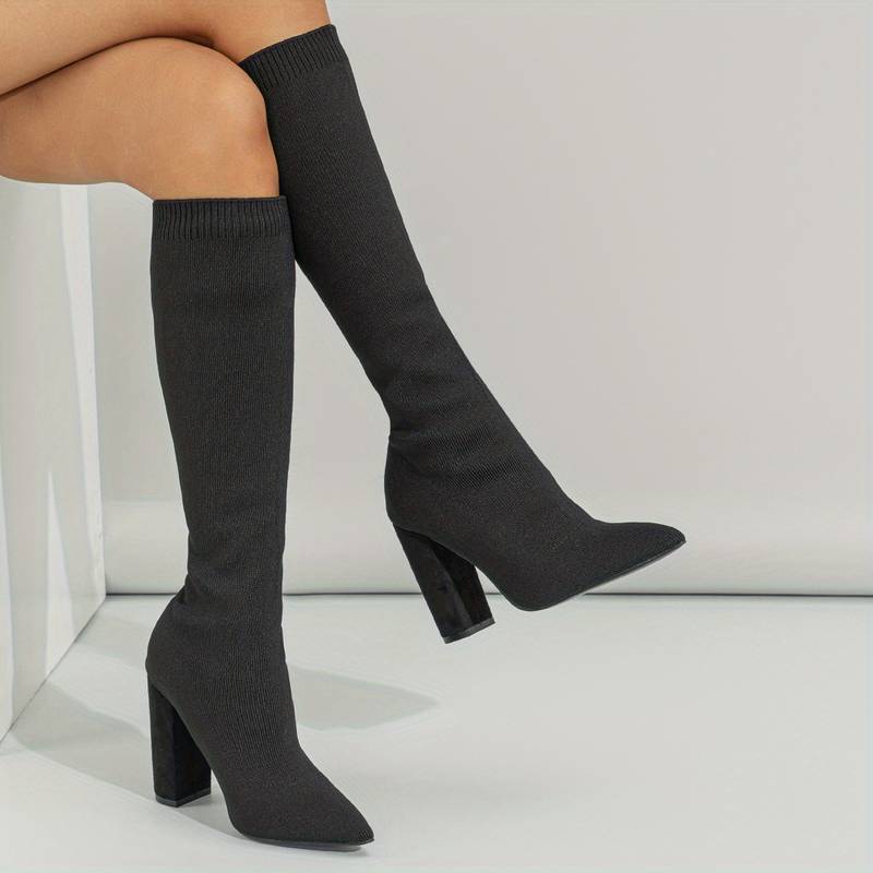 Selvara | Women's Knee-High Sock Boot Block Heel - Black - Image 1