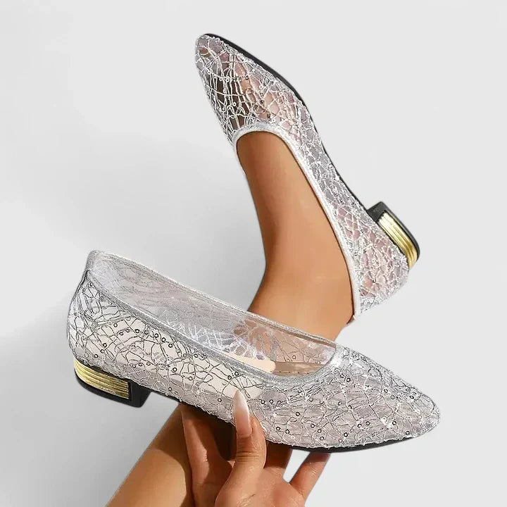 Seraphima | Women's Pointed Toe Mesh Flats with Low Block Heel - Image 1