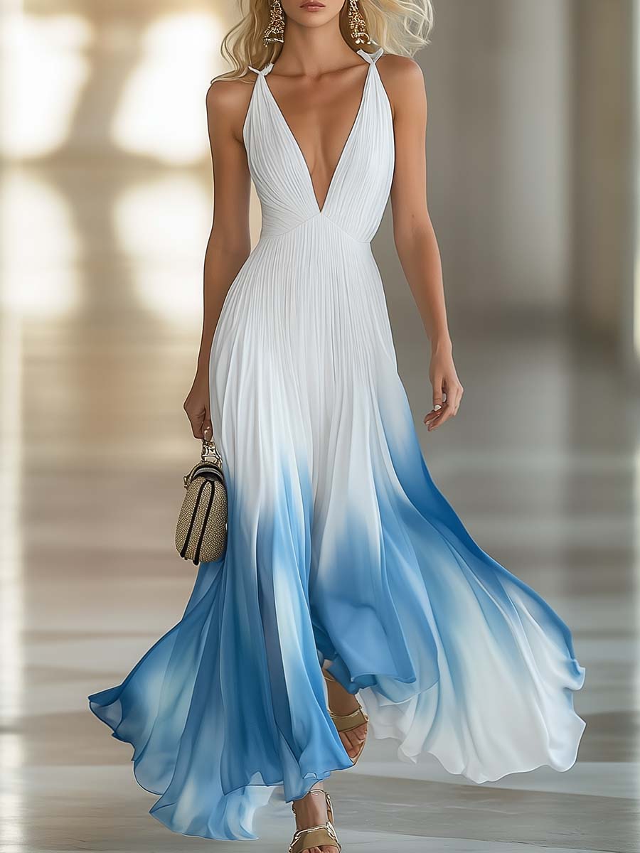 Sienne | Women's Deep V-Neck Pleated Ombre Maxi Dress - Light Blue - Image 1