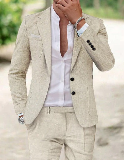 Silvano | Men's Two-Piece Slim Fit Suit Set - Beige - Image 1