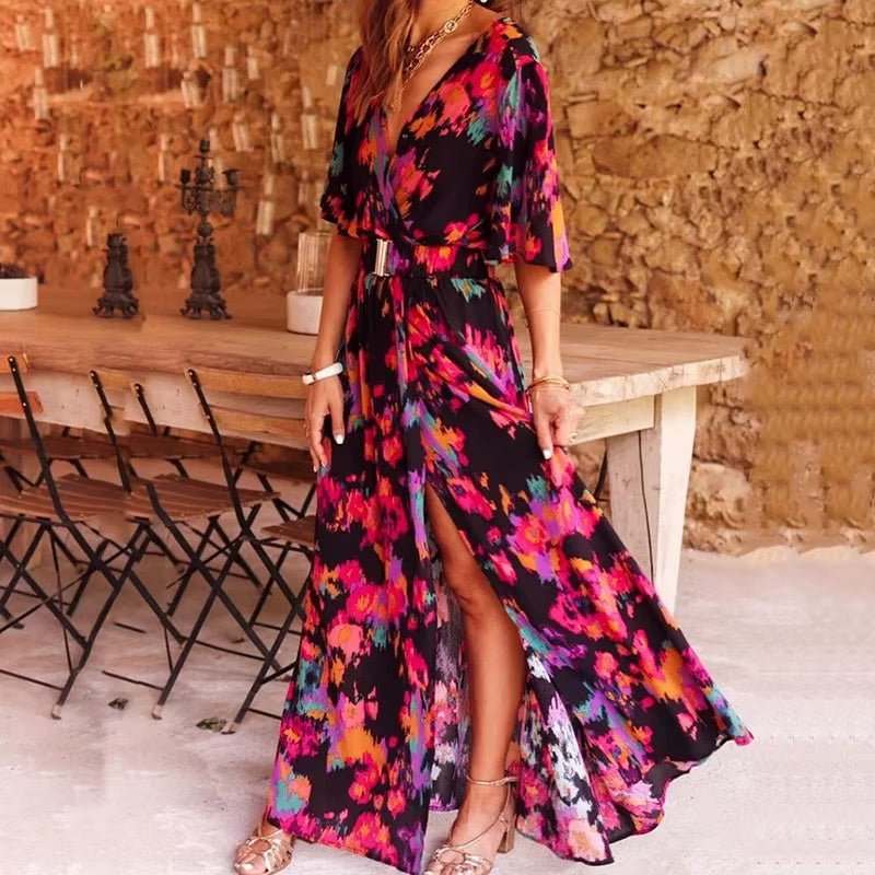 Simone | Women's Wrap Maxi Dress Deep V Short Sleeve - Image 2