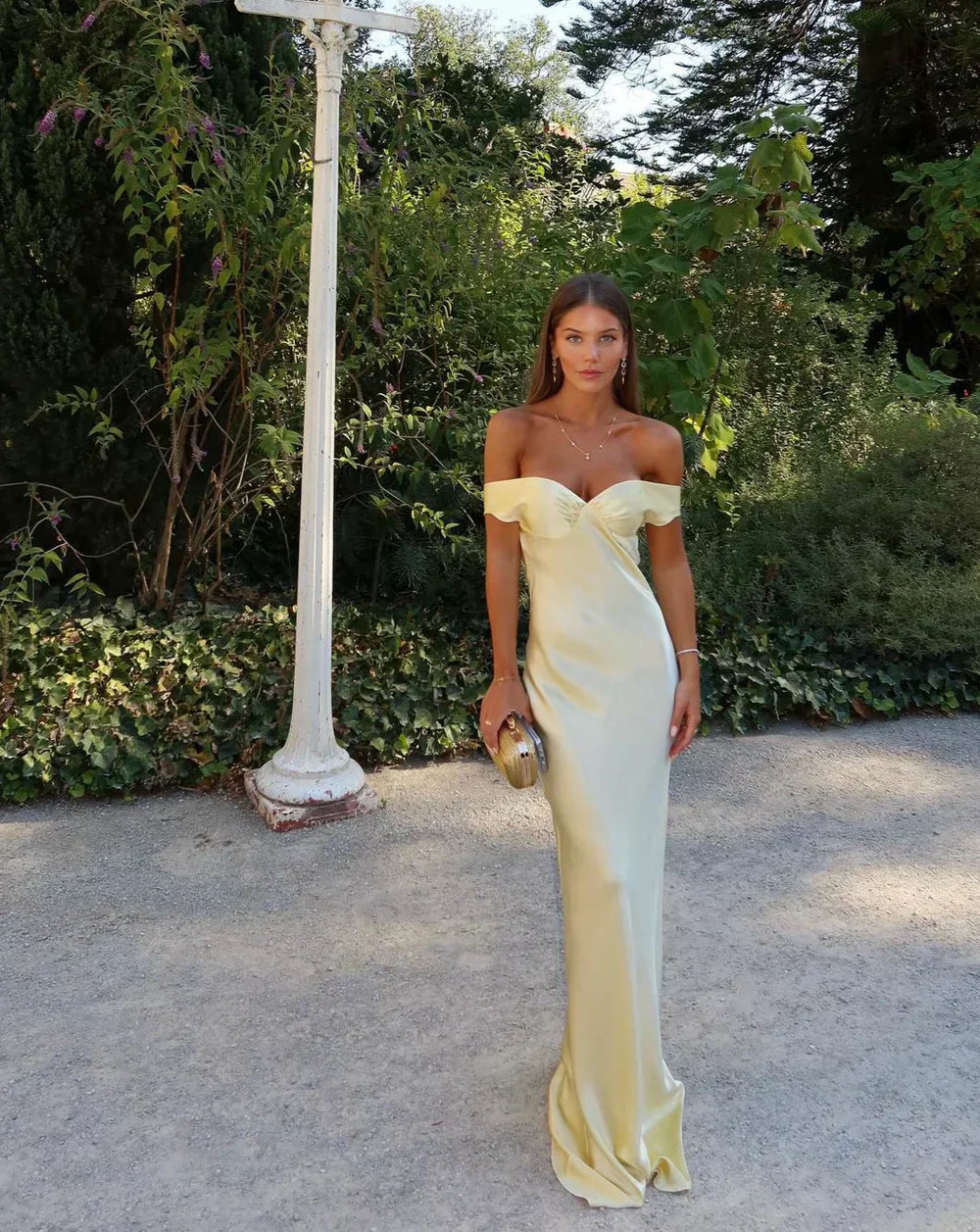 Sloane | Women's Off Shoulder Evening Maxi Dress - Champagne - Image 2