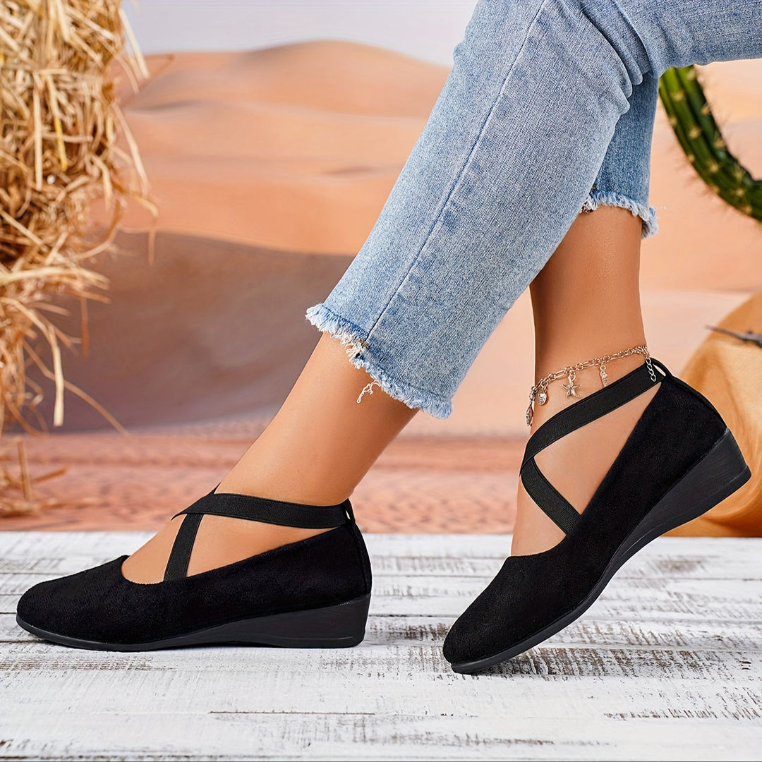 Solange | Women's Crossover Strap Low Wedge Shoe - Black - Image 1