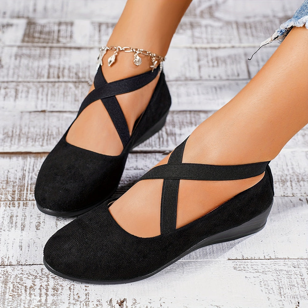 Solange | Women's Crossover Strap Low Wedge Shoe - Black - Image 2