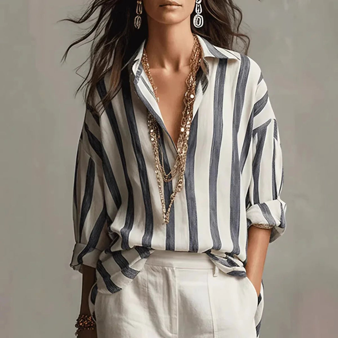 Solange | Women's Striped Collared Long Sleeve Blouse - Striped - Image 1