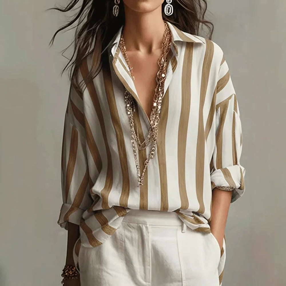 Solange | Women's Striped Collared Long Sleeve Blouse - Striped - Image 2