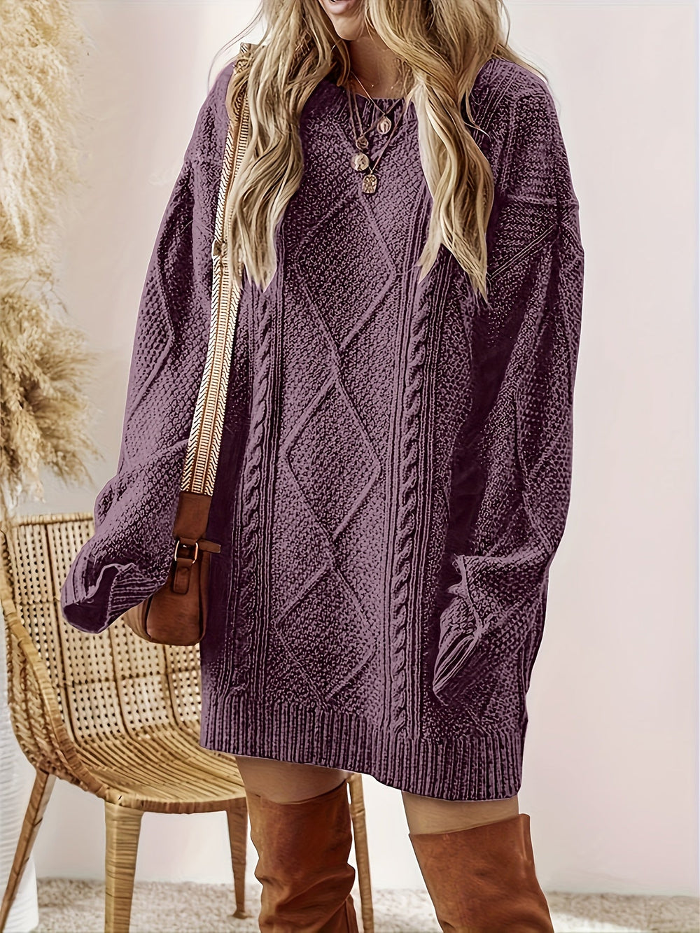 Solara | Women's Cable-Knit Sweater Dress - Purple - Image 2