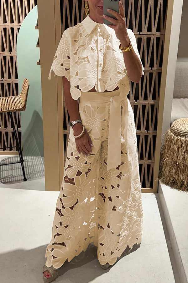 Solène | Women's Eyelet Floral Two Piece Wide Leg Set - Champagne - Image 1