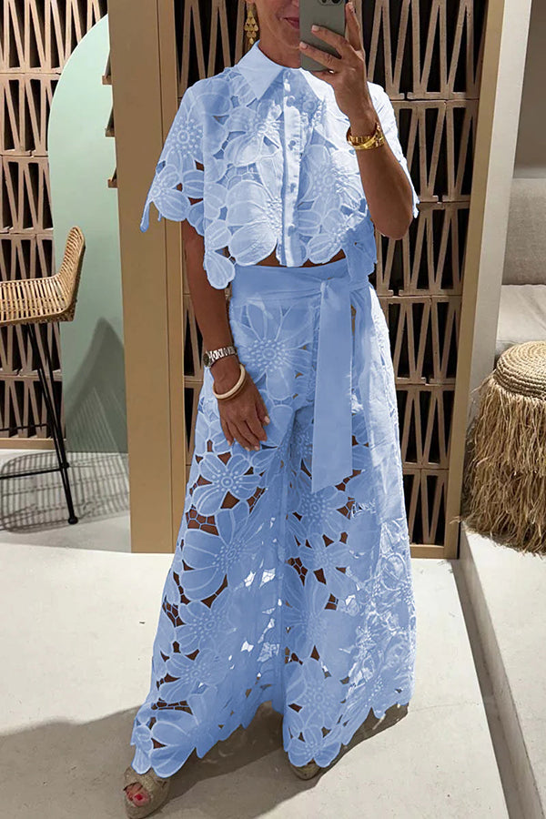 Solène | Women's Eyelet Floral Two Piece Wide Leg Set - Champagne - Image 2