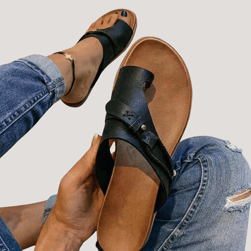 Solène | Women's Toe Loop Flat Sandals - Camel - Image 2