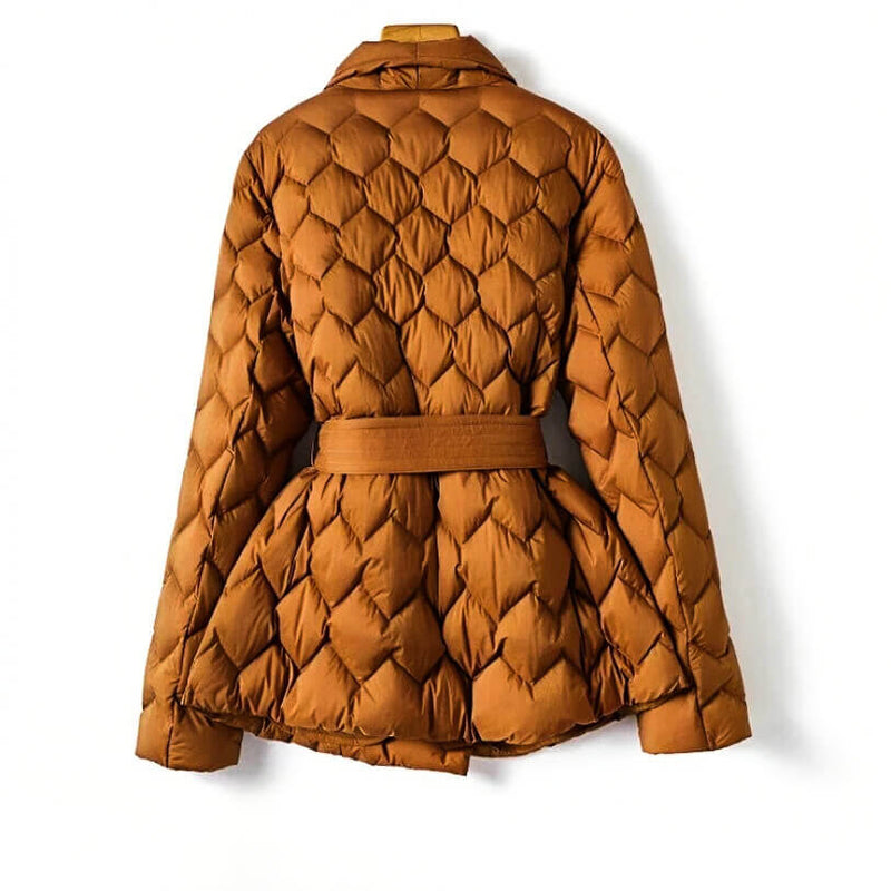 Solvaine | Women's Belted Quilted Winter Jacket - Camel - Image 2