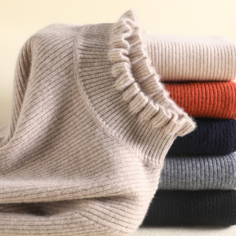 Solvwyn | Women's Ribbed Knit Sweater Ruffle Trim - Taupe - Image 2