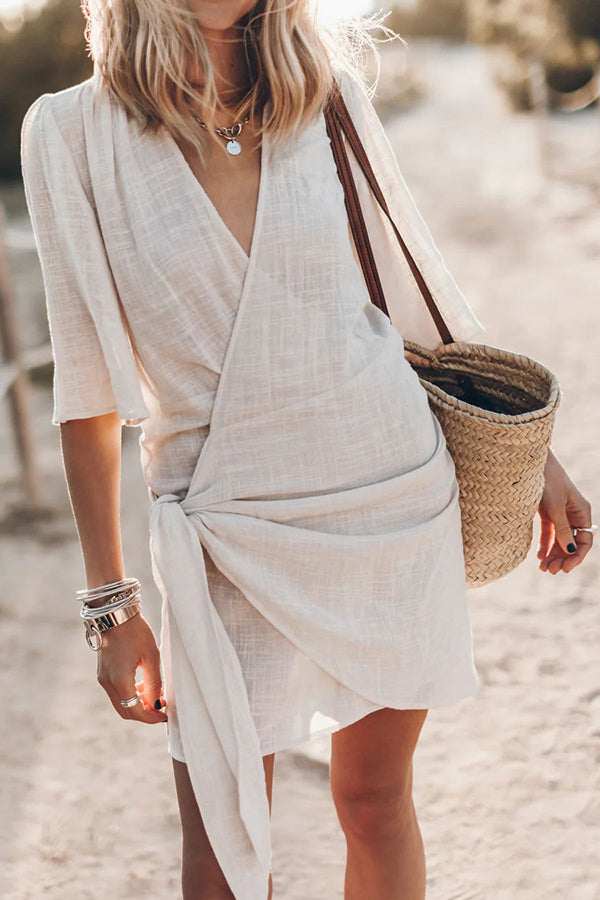 Sylara | Women's Wrap V-Neck Short Sleeve Mini Dress - Cream - Image 1
