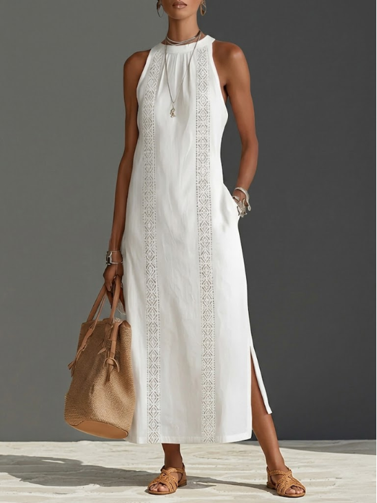 Sylvaine | Women's Halter Neck Embroidered Maxi Dress - White - Image 1