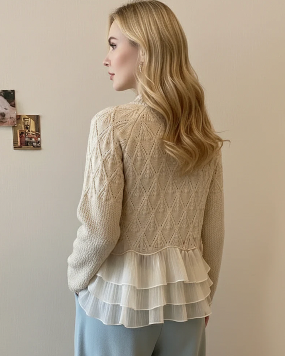 Sylvara | Women's Ruffle Hem Cable Knit Sweater - Cream - Image 2