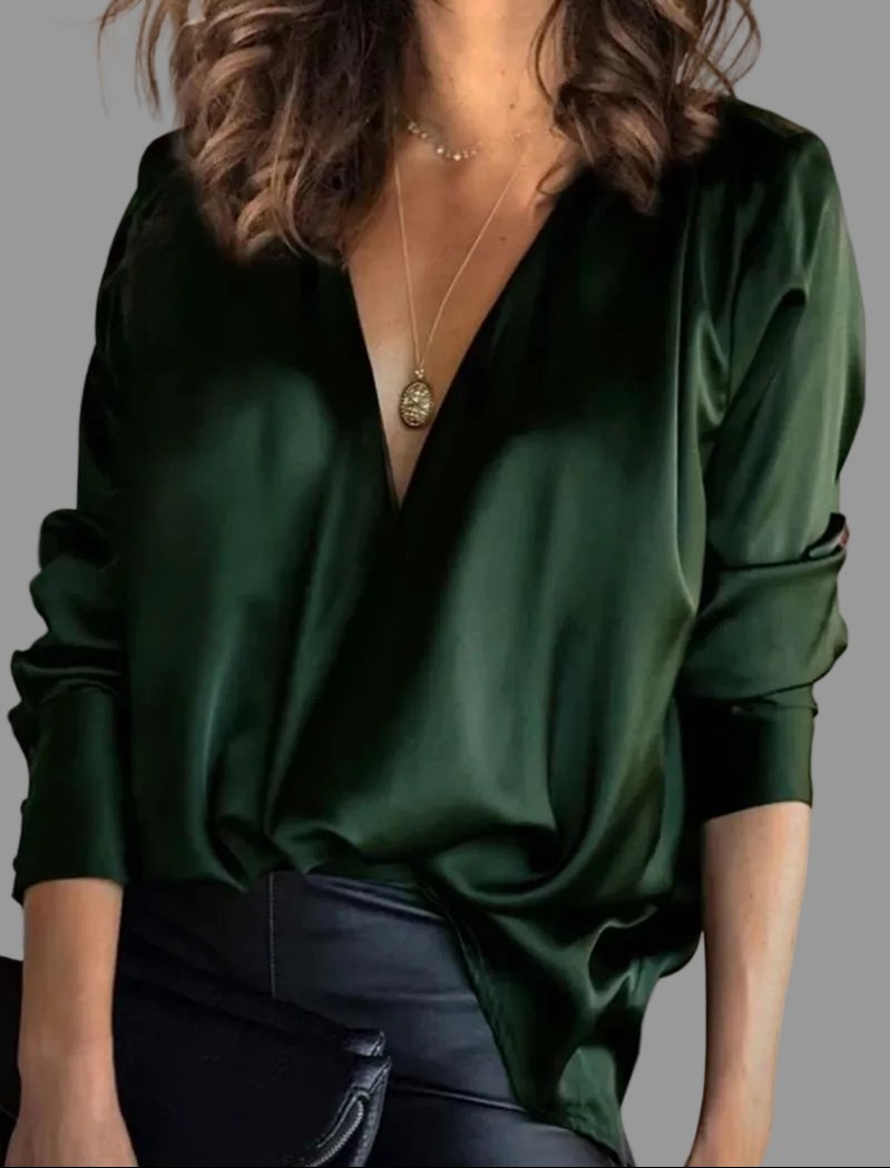 Sylvie | Women's Deep V-Neck Long Sleeve Blouse - Dark Green - Image 1
