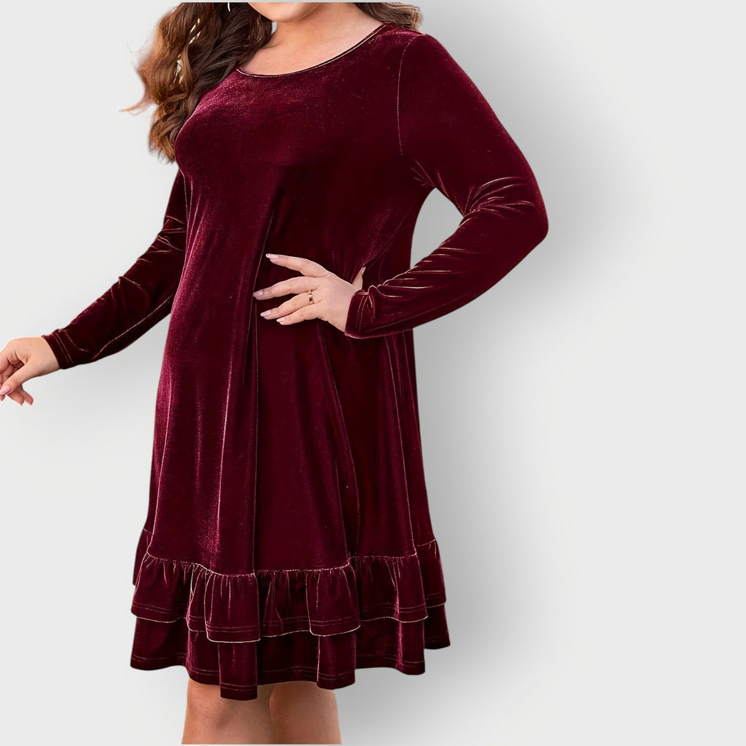 Tamsin | Women's Burgundy Long Sleeve Ruffle Midi Dress - Image 1