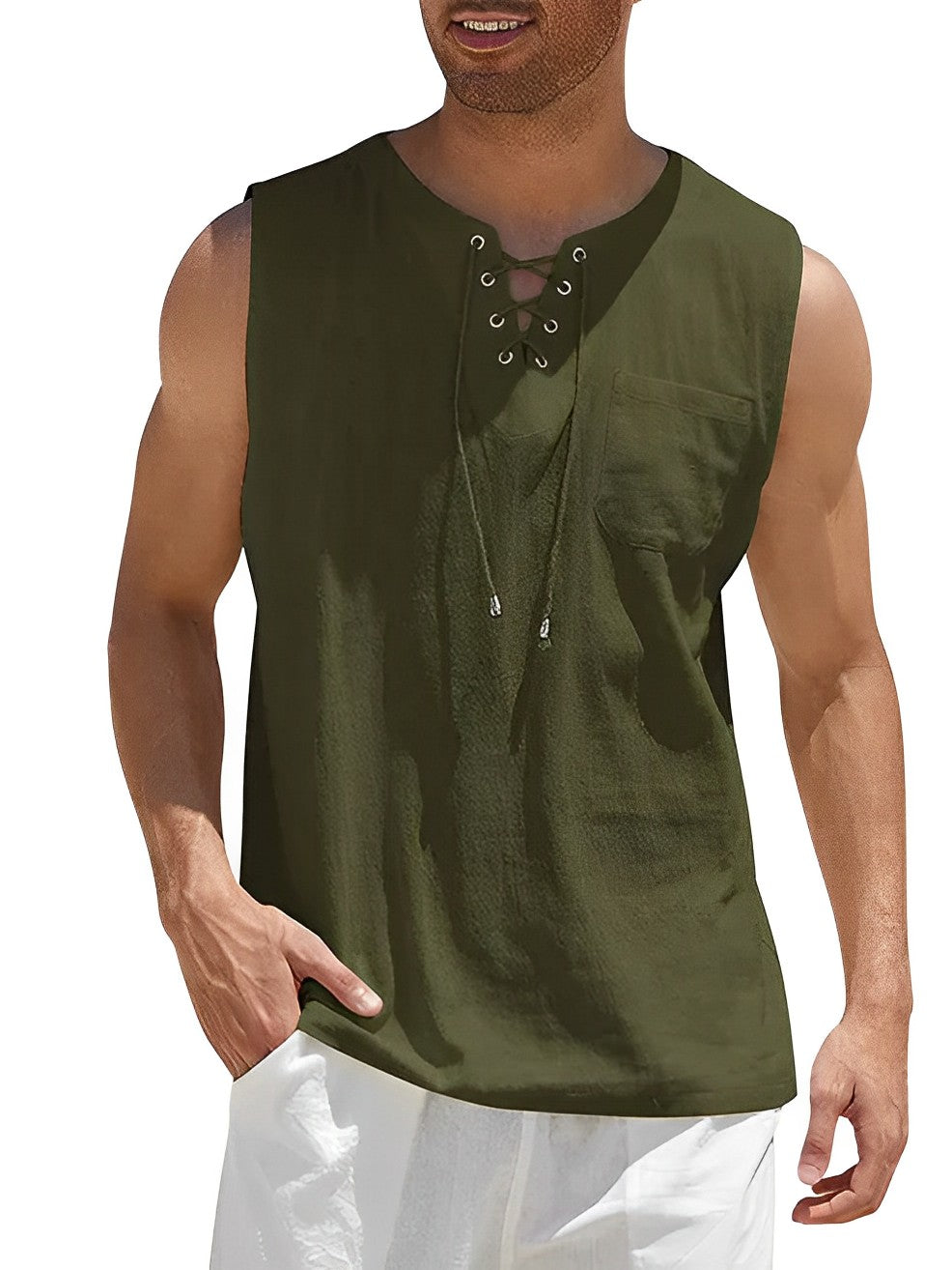 Tarquin | Men's Lace-Up Sleeveless V-Neck Tank Top - Olive Green - Image 1