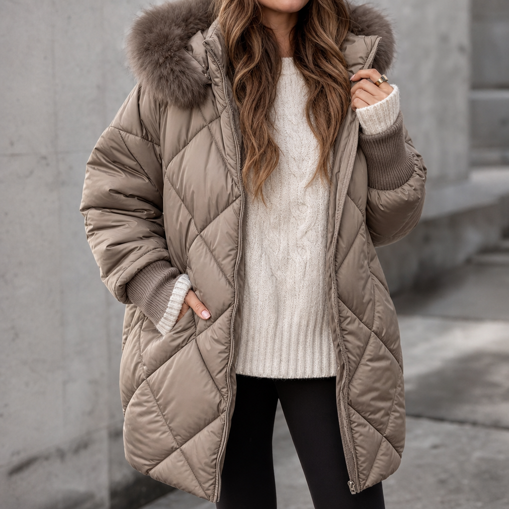 Tavindra | Women's Quilted Puffer Jacket with Faux Fur Hood - Taupe - Image 1