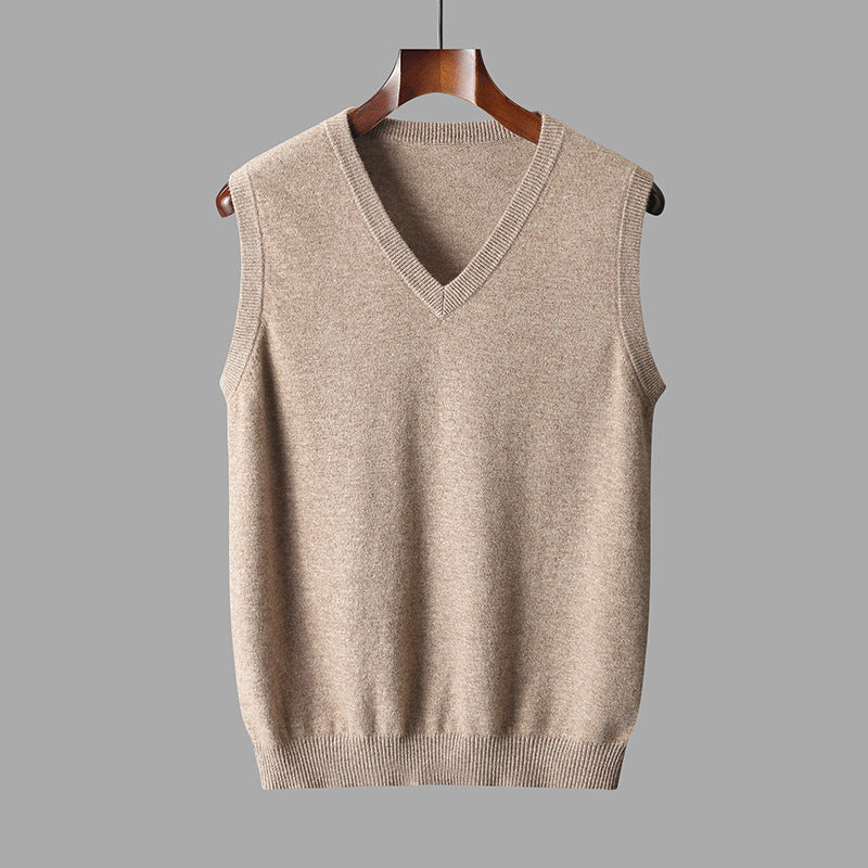 Tavion | Men's V-Neck Knit Sweater Vest - Camel - Image 1