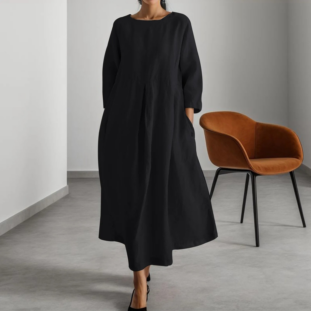 Tesia | Women's Round Neck 3/4 Sleeve Midi Dress - Black - Image 1