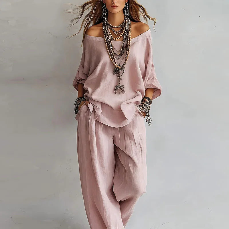 Théa | Women's Off Shoulder Wide Leg Two Piece Set - Light Pink - Image 1