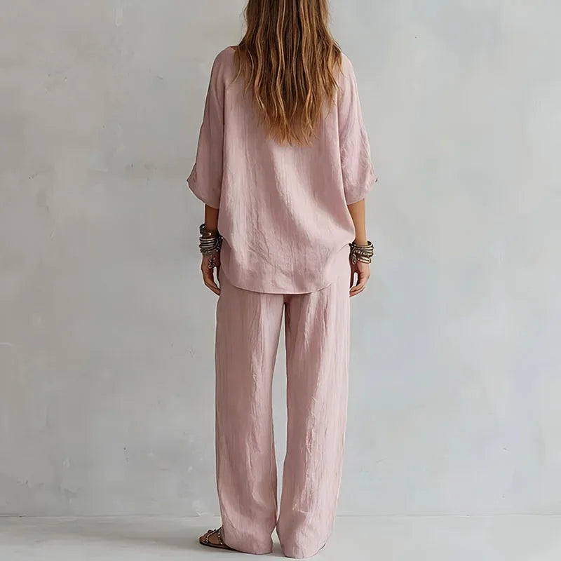 Théa | Women's Off Shoulder Wide Leg Two Piece Set - Light Pink - Image 2