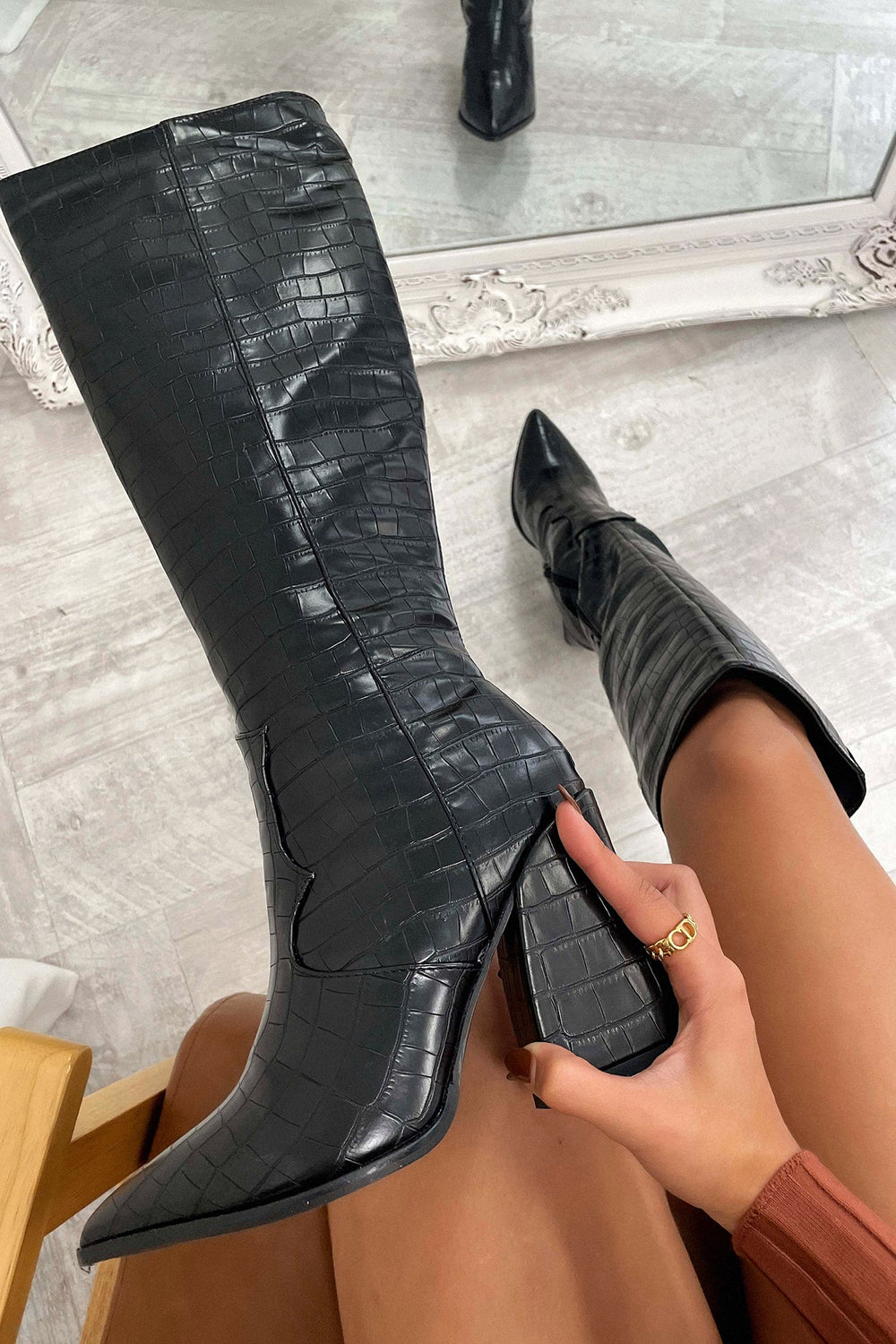 Thalina | Women's Black Heel Knee High Boots - Black - Image 2
