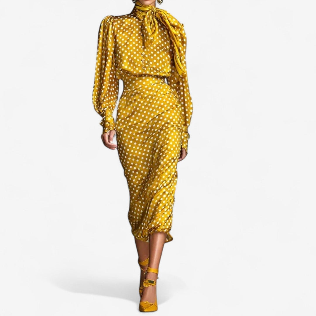 Theodora | Women's Polka Dot Tie Neck Midi Dress - Yellow - Image 1