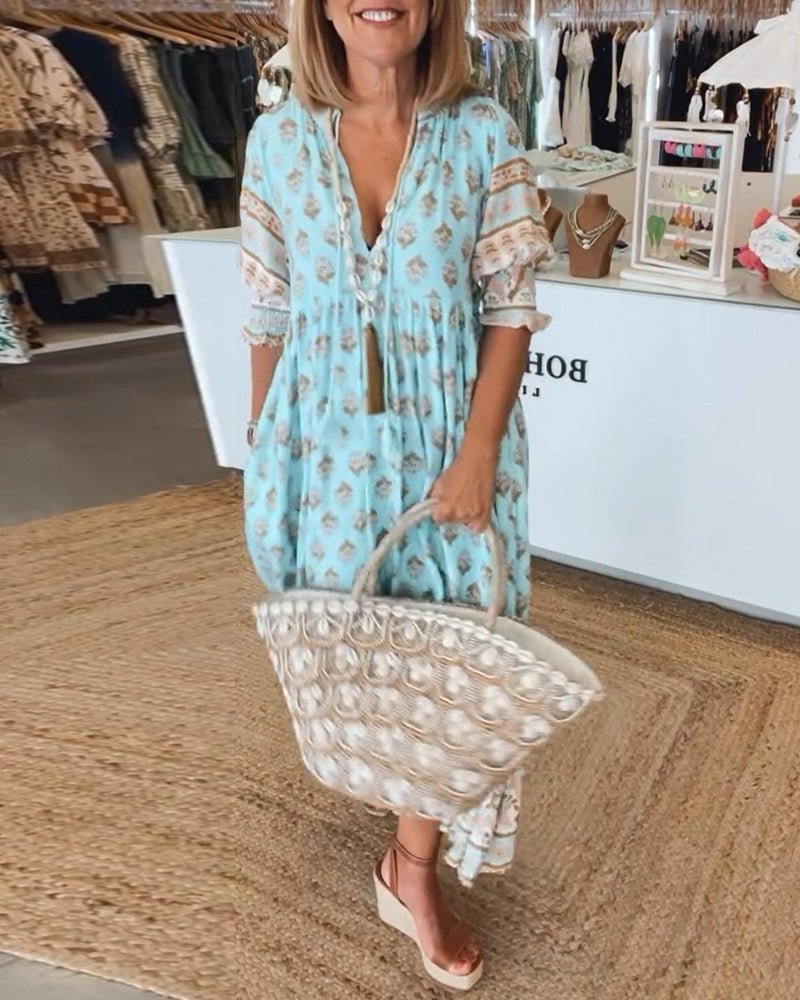 Thessalonica | Women's Floral V-Neck 3/4 Sleeve Midi Dress - Image 1