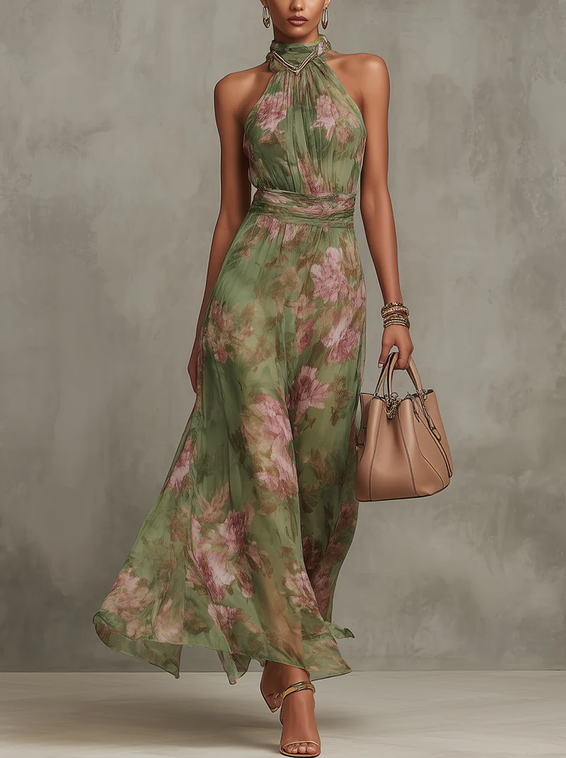Thessaly | Women's Floral Halter Neck Maxi Dress - Floral - Image 1