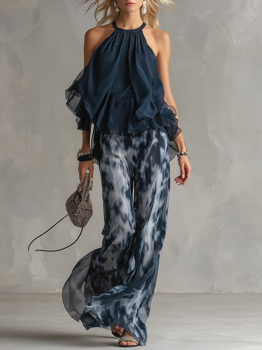 Thessaly | Women's Halter Neck Ruffle Top Wide Leg Pants Set - Tie Dye - Image 1