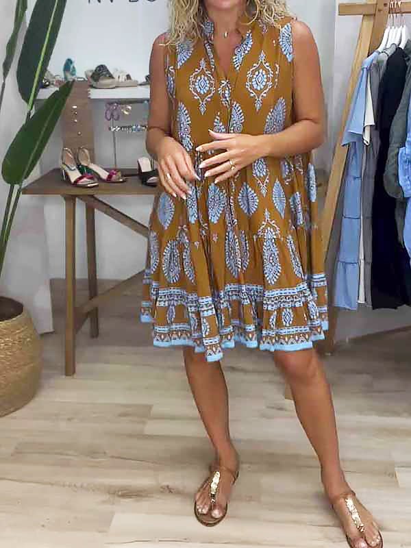 Thessaly | Women's Print Tiered V-Neck Sleeveless Mini Dress - Image 1