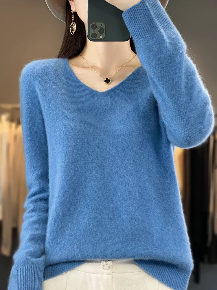 Thessaly | Women's Relaxed Fit V-Neck Sweater - Green - Image 2